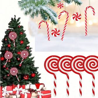 4 piezas Decoraciones de caramelos navideños, Adornos de piruleta navideños, Decoraciones de árbol de Navidad, Adornos colgantes creativos de piruleta roja y blanca, Guirnalda de cuentas rojas de 1m/3,28 pies, Decoraciones escénicas DIY, Accesorios colgantes para árbol de Navidad y chimenea, Decoración del hogar, Adornos navideños