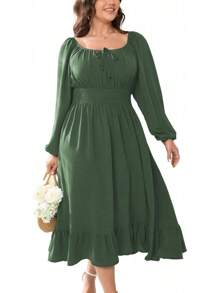 Women's Plus Size Midi Dress Long Sleeve Scoop Neck Elastic High Waist A Line Dresses Women Wedding Guest Dress - 軍綠色 - 查看 9