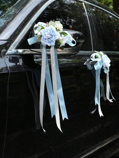 6pcs Wedding Car Rearview Mirror, Door Handle, Chair Back Floral Decor, Artificial Rose Bamboo Chair Flowers, Wedding Corridor Decoration Bouquets, Wedding Car Flowers
