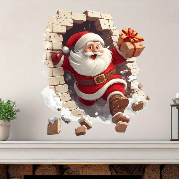 1pc Santa Claus Breaking Through Wall Sticker - Removable Easy-To-Apply Vinyl Christmas Sticker For Living Room And Kitchen Wall Decor, Bathroom Set, Home Decor  Christmas Decor  Christmas Decorations Stickers Wall Stickers Room Decor Christmas Decoration