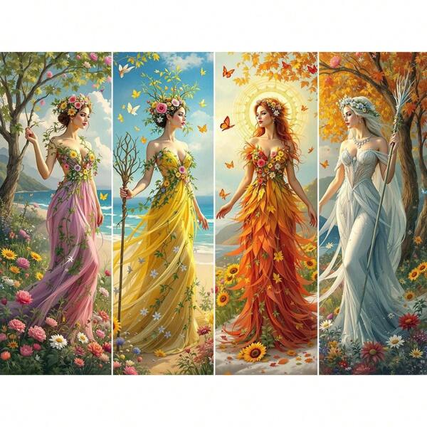 1 pezzo non incorniciato 30 * 40cm/11.8 * 15.7 pollici, Donne nelle quattro stagioni, kit di ricamo a punto croce stampato 11CT/14CT, kit di ricamo a punto croce fai-da-te facile per adulti e principianti, ottimo per decorazione da parete di camera da letto e soggiorno, regalo include tela stampata, ago, filo, disegni e istruzioni.