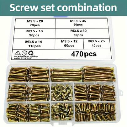 470pcs Flat Head Wood Screw Assortment Kit, Drive Countersunk Self Tapping Wood Screws, Yellow Galvanized Finishing Screws Kit, Metal Self Tapping Screws, Full Thread