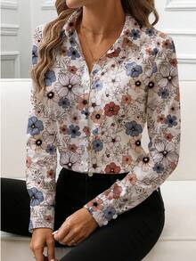 全新时尚优质女士长袖纽扣衬衫，花卉和叶子印花，正面纽扣开合 - 杏色 - 查看 5