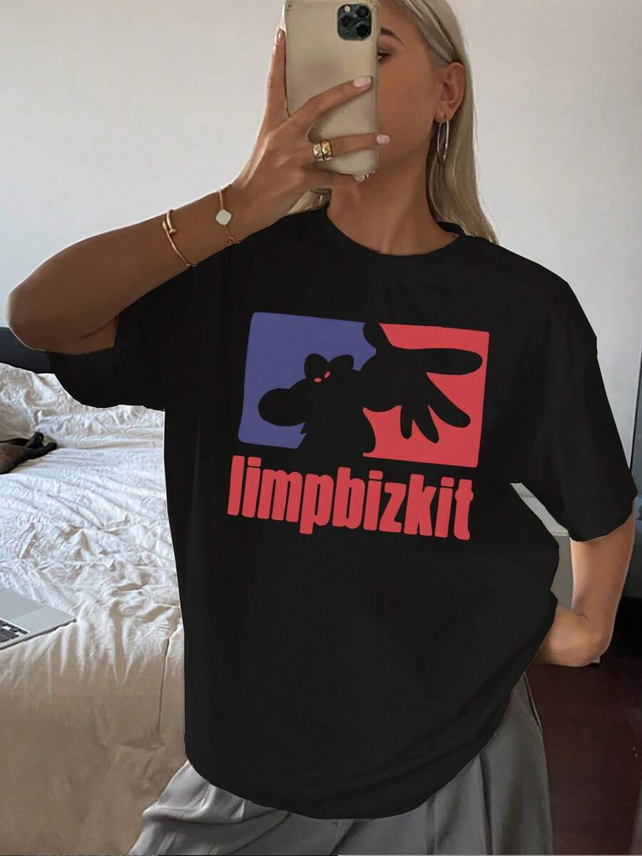 Camiseta de mujer con estampado de personaje de dibujos animados retro, camiseta gráfica de inspiración vintage con ajuste cómodo, camiseta de cuello redondo única y elegante para uso diario, tela suave y transpirable. - Negro - Ver 1