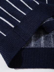 男士复古竖条纹提花长袖V领纽扣开衫，休闲宽松针织外套，适合春、秋、冬三季穿着。 - 藏蓝色 - 查看 9