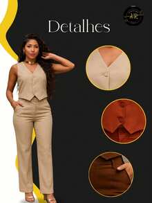 Women's Tailored Set, V-Neck Vest And Elegant Pants, Casual Fashion Blogger - Rust Brown - View 2
