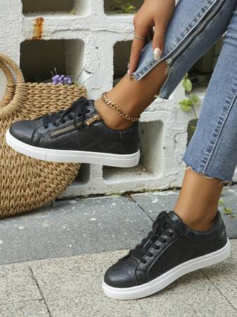 Women's New Black Casual Sports Shoes, Classic Lace-Up Side Zipper Design, Simple Outdoor Outfit, Comfortable Casual Shoes (Run Small By One Size)