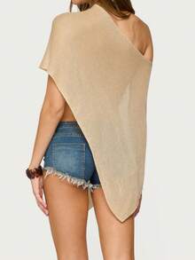 Women's Sheer Ponchos Off Shoulder Short Sleeve Solid Color T-Shirts Asymmetrical Knit Tops - 卡其色 - 查看 6