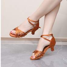 Ladies' Black Mid Heeled Latin Dance Shoes, Classic Five Weave Upper, Ladies' Summer Sandals, High Heels Dance Shoes, Latin Dance Shoes Satin Professional Banquet Party Wedding Jazz Rumba Tango Salsa Practice Performance Dance Shoes Indoor Sandals - Brown - View 5