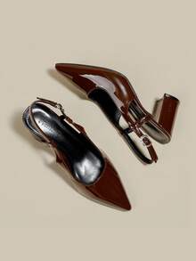 女士咖啡棕色漆皮尖头单带粗跟高跟鞋，优雅尖头正式高跟鞋，时尚露跟高跟鞋 - 咖啡棕 - 查看 7