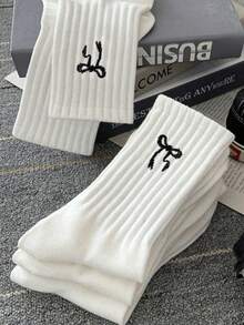 1/5 Pairs Solid Color Bow Decor Women Mid-Calf Socks, Fashion Minimalist Casual Comfortable Everyday Versatile Socks, Suitable For All Seasons