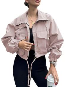 Womens Cropped Zip Up Lightweight Oversized Utility Anorak Coat With Pockets, Style EBU0 - 粉色 - 查看 1