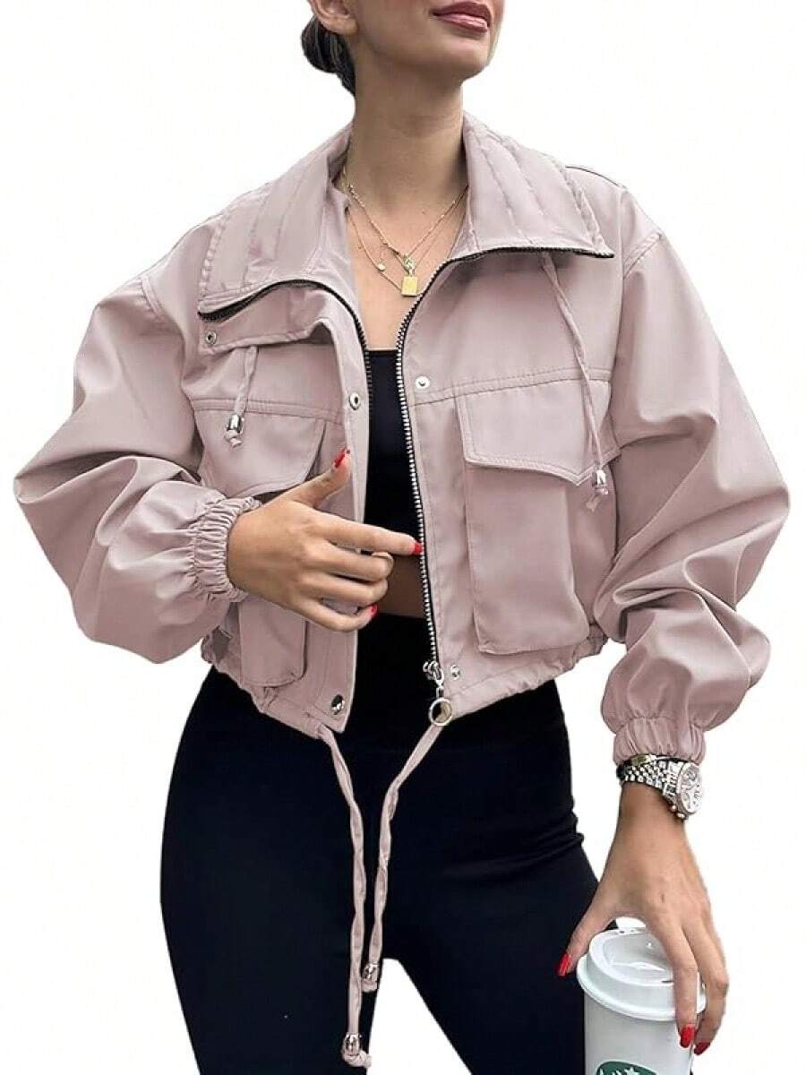 Womens Cropped Zip Up Lightweight Oversized Utility Anorak Coat With Pockets, Style EBU0 - 粉色 - 查看 1