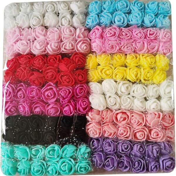 144 piezas de cabezas de flores de espuma artificiales en ramo, oso de peluche MINI de rosas, material para corona DIY, accesorios para caja de caramelos, decoración para el hogar y la boda, flor de muñeca de la novia, flor de pecho, material para flor de cabeza, decoración para el Día de San Valentín, Año Nuevo, fiesta de cumpleaños, accesorios para pastel