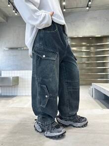 Loose Fit Casual Denim Jeans For Teenage Boys, Suitable For Daily, School, Outdoor Wear, Autumn