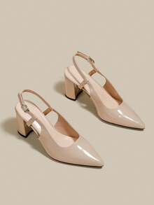 女士杏色漆皮尖头单带粗跟高跟鞋，优雅尖头正式高跟鞋，时尚露跟高跟鞋