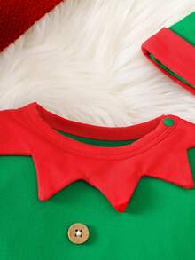 2pcs/Set Baby Boy Christmas Cartoon Infant Jumpsuit + Santa Hat, Autumn/Winter