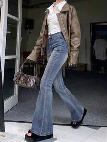 复古风格大口袋牛仔喇叭裤 - 復古藍色 - 查看 4