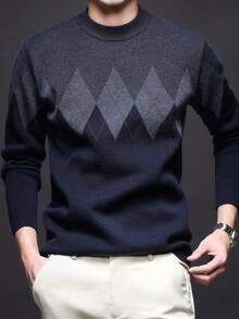 男士厚圆领毛衣，商务休闲提花针织长袖上衣，百搭叠穿单品，格子条纹图案，秋冬