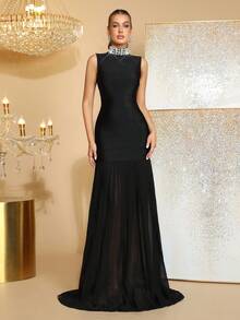 Đầm dạ hội dài tay đính hạt kim cương đính đá thủ công màu đen gợi cảm hở vai, dáng ôm vừa vặn, sang trọng dành cho khách dự tiệc cưới, tiệc ngày lễ, tiệc tối trang trọng dành cho quý cô - màu đen - Xem 1