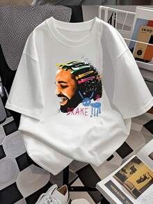 Camiseta de mujer con estampado de retrato abstracto, vibrante, con pinzas de pelo de colores y diseño de animales de dibujos animados, estilo casual artístico, tela de algodón suave, ajuste cómodo. - Blanco - Ver 2
