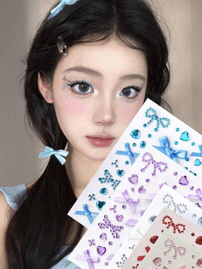 1pc/2pcs These Bow Tie And Heart - Shaped Face Stickers Are An Absolute Delight, Boasting Charming And Versatile Designs. The Assortment Includes Delicate Bows In Soft Ribbons And Sparkling Heart - Shaped Rhinestones In Various Colors Like Blue, Purple, And Silver. Whether You're Aiming For A Sweet, Fairy - Like Look, A Festival Makeup, Or A Unique Cosplay Appearance, These Stickers Offer Endless Creative Possibilities.
