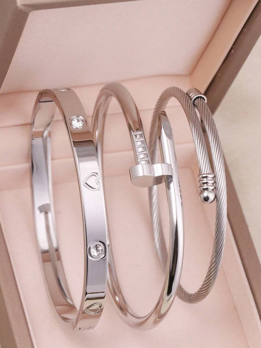 3 件时尚不锈钢高品质花朵锆石女士手镯指甲手链首饰套装,适合日常佩戴 - 銀色 - 查看 1