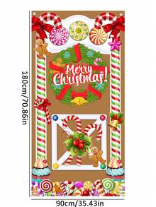 6ft*3ft-Christmas Door Cover Decoration Christmas Wreath Candy Front Door Cover Xmas Hanging Banner Christmas Wreath Candy Background For Home Holiday Christmas Decoration Christmas Photo Props