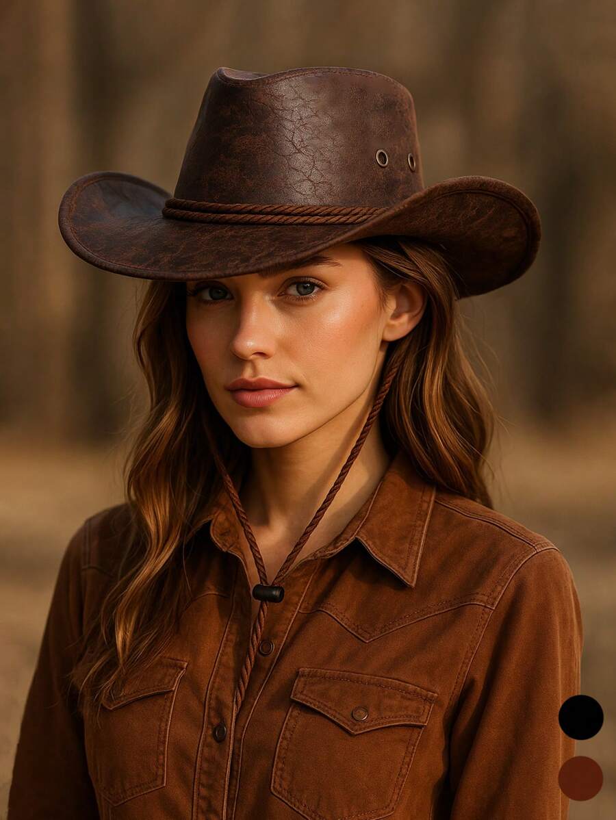 1pc PU Cowboy Hat, Cracked Texture Style, Unisex, Suitable For Valentine's Day, Back To School, Paired With Belt For Dressing, Daily, Travel, Vacation, Holiday, Outdoor