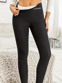 Soft Clouds Fleece Lined Leggings Women - Black Thick Soft High Waisted Black Tummy Control Thermal Warm Pants For Cold Winter - Black - View 2