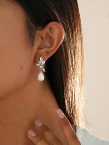 1 对华丽的镀金珍珠和方晶锆石吊坠耳环 - 适合日常佩戴、宴会、聚会、婚礼 - 新娘珍珠耳环 - 多色4號 - 查看 2