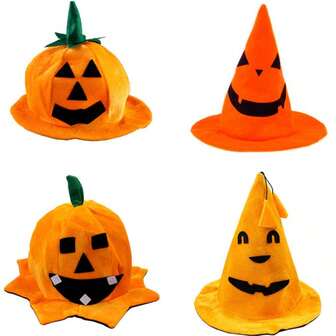 1pc Halloween Creative Pumpkin Hat, Cartoon Style Plush Material Covering Classic Pumpkin Head, Pointed Top, Scary Face Designs, Suitable For Party, Holiday Performance, Children Cosplay, Theme Gathering, Funny Scary Face Design To Create A Quirky Atmosphere, Essential Halloween Creative Holiday Prop