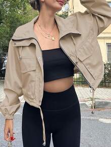 Womens Cropped Zip Up Lightweight Oversized Utility Anorak Coat With Pockets, Style EBU0 - Màu Đỏ Sâu - Xem 2