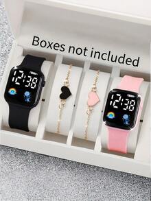 Set de 4/2 piezas Reloj electrónico digital con pantalla LED arcoíris elegante y lindo para niñas, emparejado con pulsera adorable con forma de corazón, adecuado para niñas, excelente para volver a la escuela, fiestas, viajes y vida diaria, regalo perfecto para amigos, parejas, cumpleaños, graduaciones - Multicolor - Ver 14