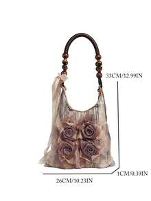 Bolsa de ombro plissada estilo chinês vintage com flor de rosa Batik e axilas, bolsa de ombro grande para passeios diários - Damasco - Ver 8