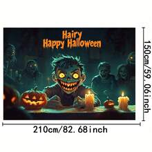 2D Flat, 1 Piece Halloween Party Backdrop With Pumpkin, Candle And Smiling Zombie Design - Scary 2D Flat Decor, Suitable For Indoor Celebration, No Electricity Required, Polyester Material, Halloween Decoration, Halloween Party Decor, Holiday Tabletop Arrangement, 2D Flat