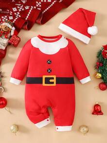 2pcs/Set Christmas Santa Claus Cartoon Baby Jumpsuit + Santa Hat, Autumn/Winter