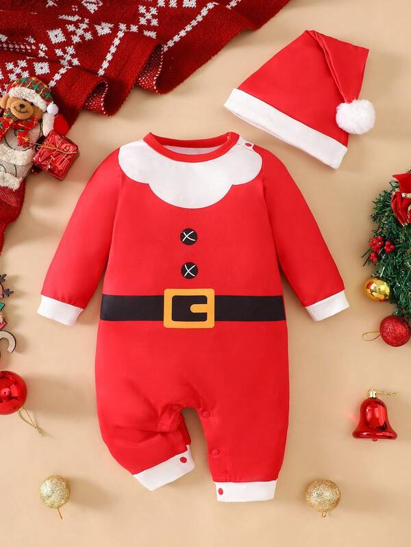 2pcs/Set Christmas Santa Claus Cartoon Baby Romper + Santa Hat, Autumn/Winter