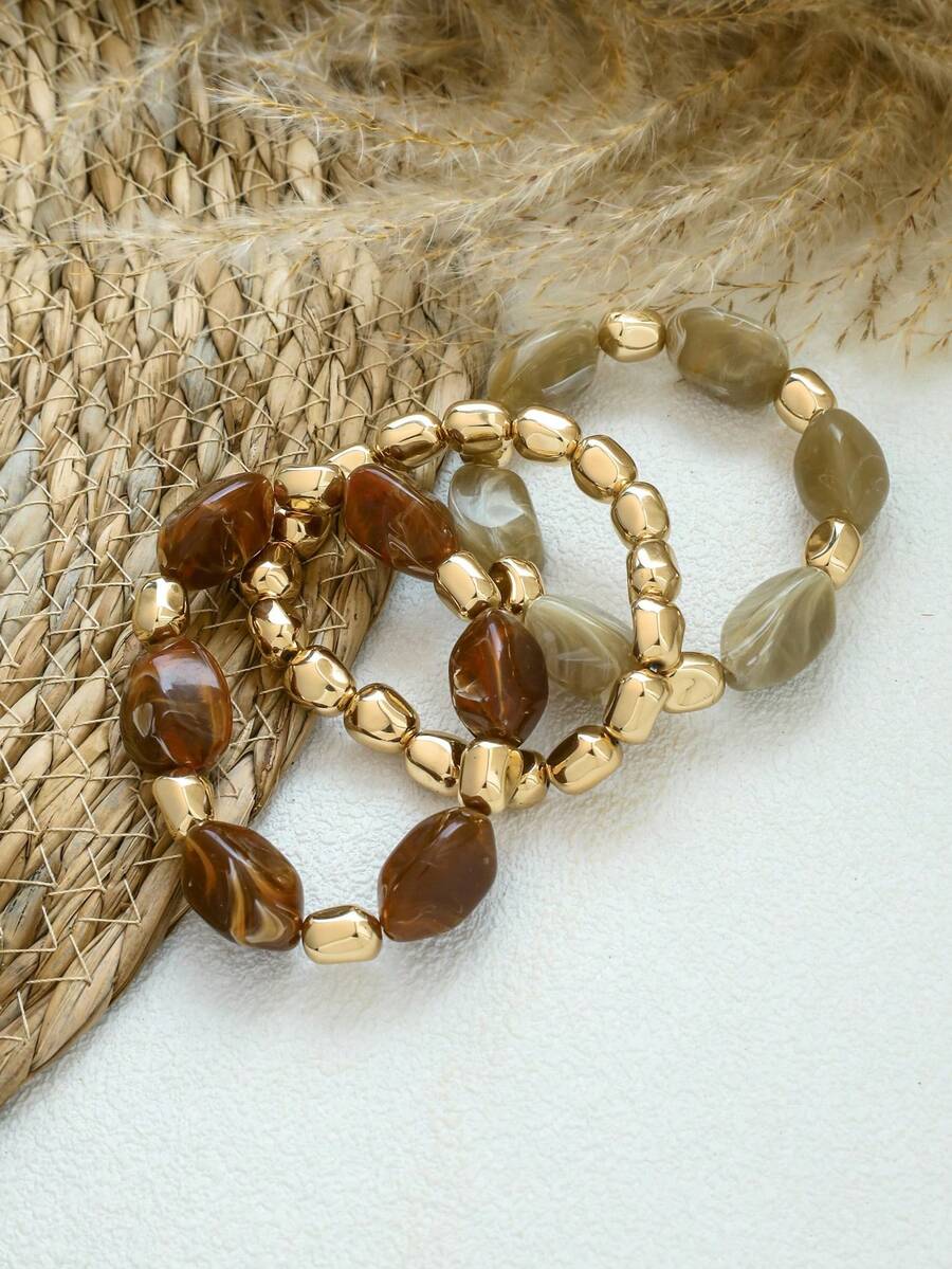3pcs Set Fashion Retro Exaggerated Bohemian Thick Multi-Layer Acrylic Beaded Bracelets For Women, Boho Chic