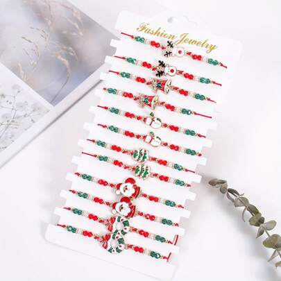 Conjunto de 12 pulseiras vintage ajustáveis de Natal, incluindo Papai Noel, rena, boneco de neve, árvore de Natal, sinos e guirlandas fofos nas cores branco e dourado, material acrílico durável, ótimos presentes para festas de fim de ano e acessórios diários de inverno para família e amigos