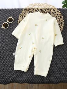 Baby Boy Cute Cartoon Print Front Button Romper, Infant Clothing Suitable For Spring And Autumn Seasons - Beige - View 9
