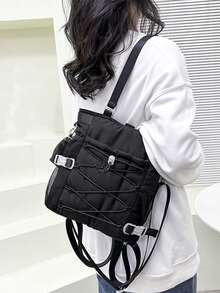 Back To School Casual Niche Design Canvas Backpack, Korean Style Versatile Fashion Handbag & Shoulder Bag, Large Capacity - Black - View 5