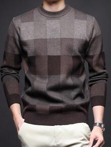 Men's Thick Round Neck Sweater, Business Casual Jacquard Knit Long Sleeve Top, Suitable For Layering Or Outerwear, Plaid & Striped Pattern, Autumn/Winter