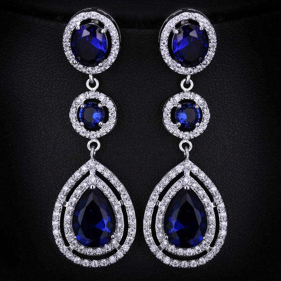 A Pair Of Fashionable High-End Rhinestone Earrings, Elegant Ladies' Banquet Earrings, Party Jewelry, Suitable Jewelry Gifts - Màu xanh lam - Xem 1
