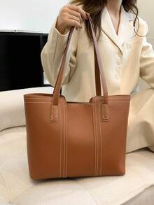 Fashionable & Versatile Simple Stitching Tote Bag - Brown - View 10