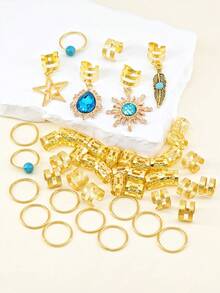 46件套绿松石吊坠脏辫发饰套装，包括发圈、发夹、发卡、发卡，嬉皮风格发饰，适合女性编发，还包括爪夹、发夹、发卡和其他配件。头部饰品，发夹 - 金色 - 查看 5