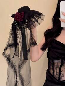 1pc Vintage Bridal Tea Party Headpiece - Floral Lace Veil With Red Rose Accents, Korean/Japanese Style Wedding Photography Parade Accessory, Hand Wash Only Polyester Hair Decor Halloween