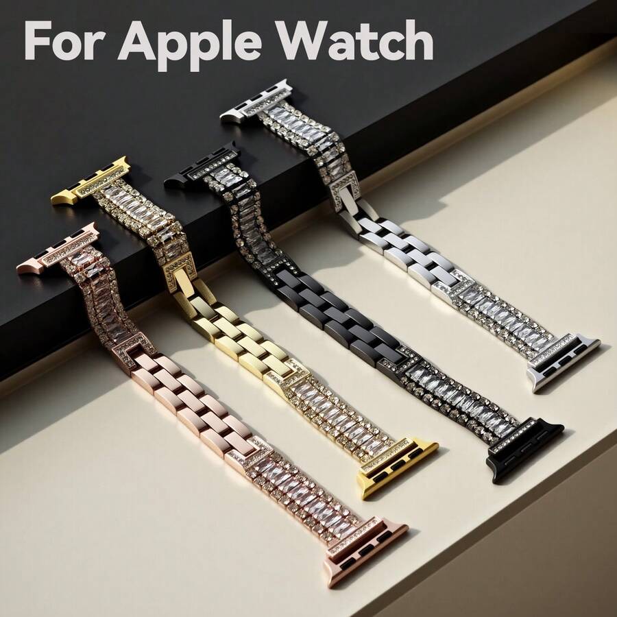 15cm-18cm Stainless Steel Metal Watch Band For Apple Watch, Suitable For Office, Fitness, Party, Fashionable Rhinestone Design, Comes With Connectors And Adjustment Tool, Fits Apple Watch S10/Ultra 1/Ultra 2/S9/S8/S7/S6/S5/Series 4/SE, 40mm/41mm/42mm/44mm/45mm/46mm/49mm Dial Size, Black/Rose Gold/Silver/Gold