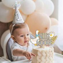 DOne Silly Goose Wooden Cake Topper Gray And White Goose DesignCute Geese Birthday Party Decoration Farm Theme Cake Decor Goose Topper 7001 - As Pic - View 4