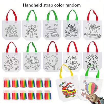 10/24个装 DIY涂鸦绘画手提袋，附赠彩色马克笔 - 可重复使用的迷你无纺布购物袋，适用于圣诞节和万圣节派对礼品、礼品袋、礼品包装收纳